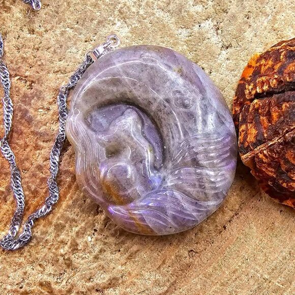 Nature Labradorite Carved Flashy Nine Tails fox On Moon Pendant Necklace - Picture 5 of 10